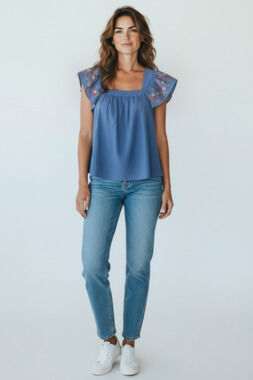 NWT Angela Plus Blue Embroidered Blouse